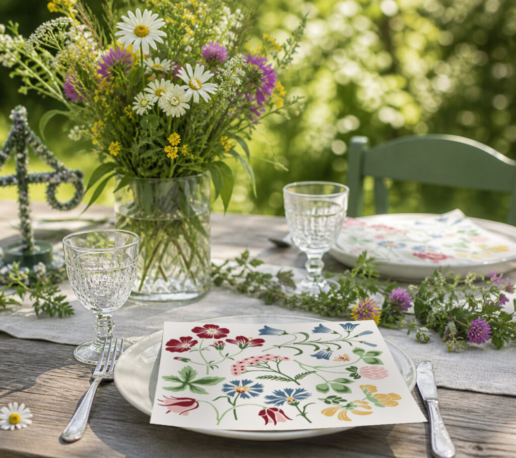 Sju Blomster pappservett midsommardukning