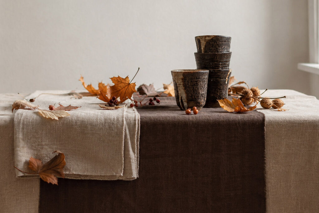 Höstdukningar Inspiration Linneduk Boheme mörk choklad och löpare Boheme natur